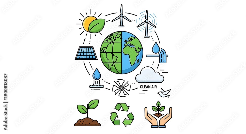 Obraz premium Ecology concept with planet Earth wind turbines and solar panels.