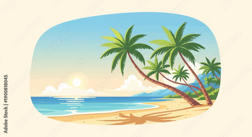 Fototapeta premium Vibrant cartoon beach scene with palm trees, calm ocean, and sunset glow