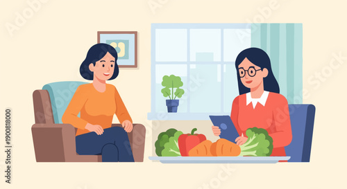 Two women discussing health and nutrition at home with fresh vegetables