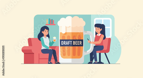 Two women sitting in a room with a giant mug of draft beer