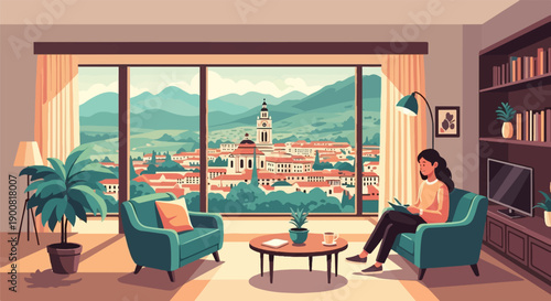 Woman reading in a cozy room with a scenic city view