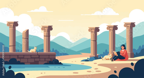 Woman reading by ancient columns with cats and layered hills
