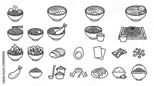 Outline Japanese Noodle Menu Line Icons � Ramen, Udon, Soba POS and Ordering UI