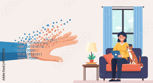 Woman with tablet and dog by window, abstract digital stream flows from hand