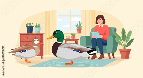 Woman reading in armchair with two ducks in a cozy living room