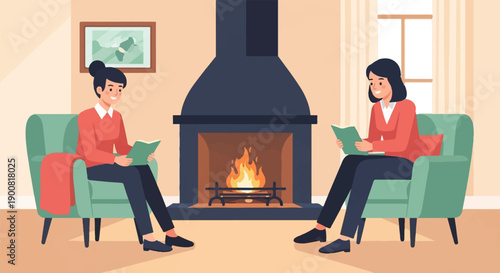 Two women sitting in armchairs reading books by a warm fireplace