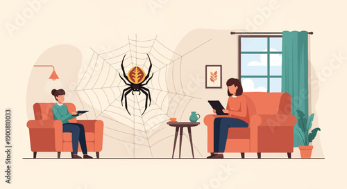 Two women sitting in armchairs, one near a large spiderweb with a spider
