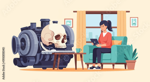 Woman with tablet sits near a large skull integrated into a mechanical device