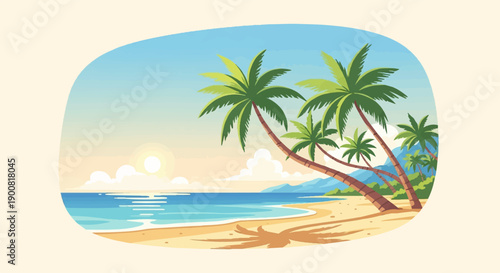 Vibrant cartoon beach scene with palm trees, calm ocean, and sunset glow