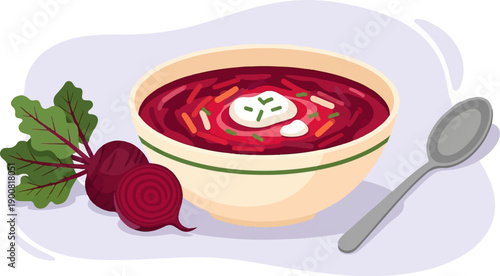 Vibrant beet soup with a dollop of cream and a side of fresh root vegetables