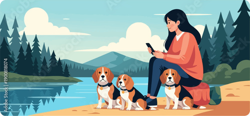 Woman with three beagles by tranquil lake with pine forest backdrop