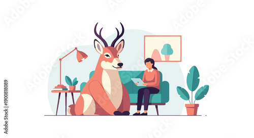 Woman with tablet sits on sofa beside large deer in cozy room with plants