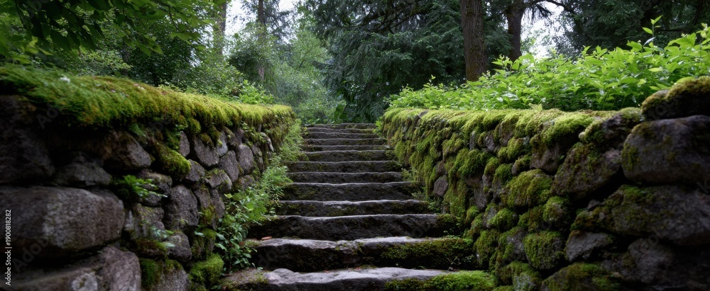 Fototapeta premium weathered stone steps cloaked in lush moss embraced by the outdoors
