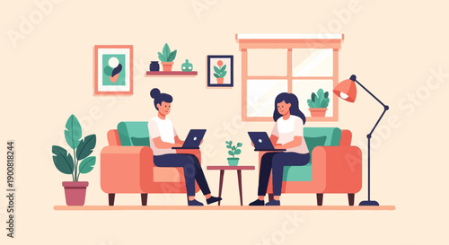 Two women sitting on couches, each using a laptop