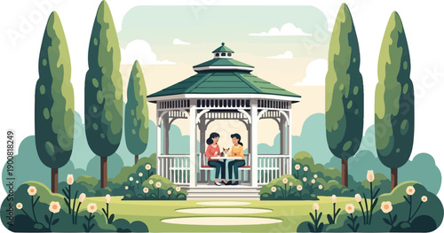 Two women converse inside a gazebo surrounded by a garden and tall trees
