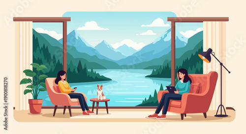 Two women relax indoors with a dog, overlooking a serene mountain lake vista