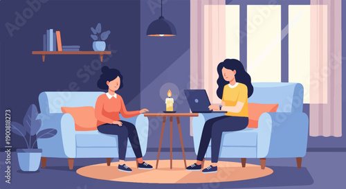 Two women converse in a cozy room, one using a laptop