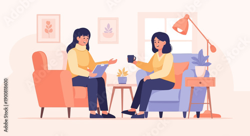 Two women talking in a cozy living room setting, one with a clipboard