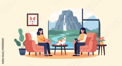 Two women relax indoors with laptops, a dog and a scenic waterfall view