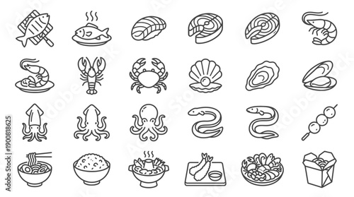 Outline Asian Seafood Menu Line Icons � POS, Kiosk, and Ordering UI Mega-Pack