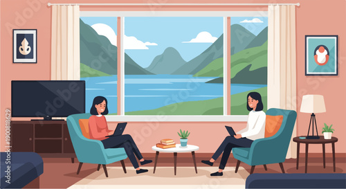 Two women relax indoors with laptops, enjoying scenic lake and mountain view