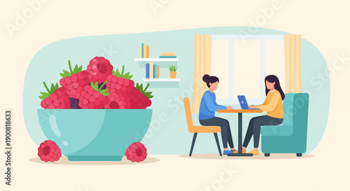 Two women collaborate on laptops next to a large bowl of raspberries