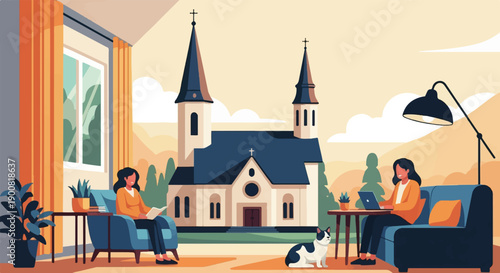 Two women relax inside a home, with a church and idyllic landscape visible through the window