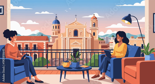 Two women relax on a balcony overlooking a historic town with a church