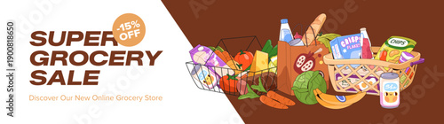 Design of advertising banner of sale in grocery store. Promotion template of discounts in supermarket. Layout with shopping baskets, market purchases, food, shop carts. Flat vector illustration