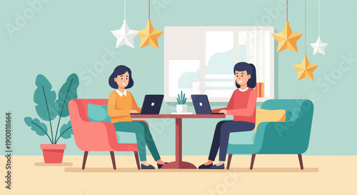 Two women collaborate on laptops in a cozy, star-decorated room