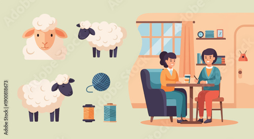 Two women chat over coffee while sheep and yarn sit nearby