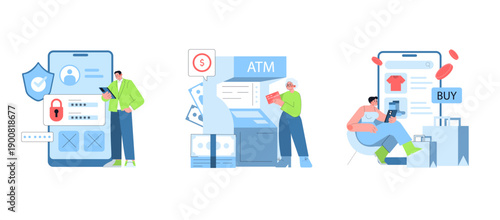 Mobile Security, ATM Transaction, Online Shopping Vector