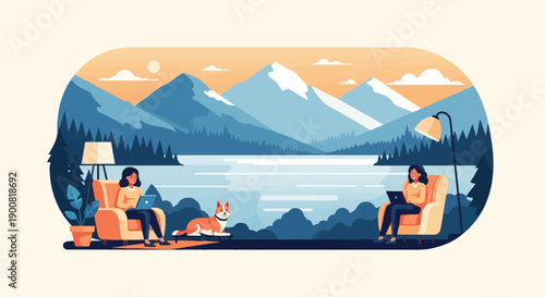 Two women with dog relax by lake, mountains, and trees, working remotely