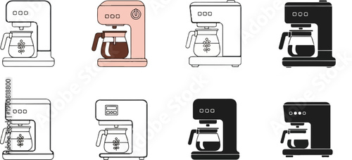 Various coffee maker designs, including outlines and solid black versions