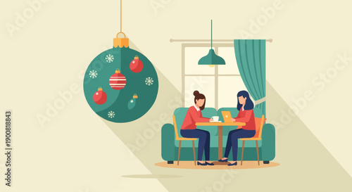 Two women at a table near a Christmas ornament and window