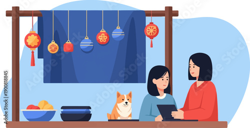 Two women at a stall with a dog and hanging decorations
