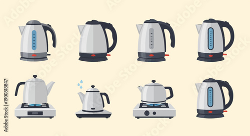 Variety of kettles, some on stovetops, illustrating boiling