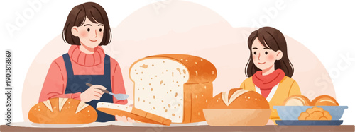 Two women are preparing and arranging baked goods, with bread and pastries on a table