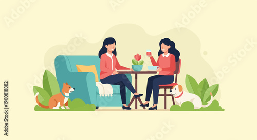 Two women and two dogs enjoying a relaxed time together indoors