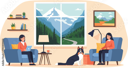 Two women and dog relaxing in cozy room with mountain view