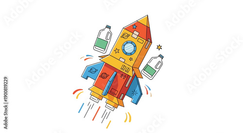 Upcycled Cardboard Rocket Ship Launching. DIY Science Project Illustration featuring Recycling Plastic Bottles for Fuel or Construction.