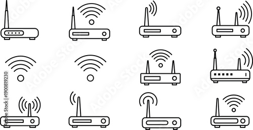 Wireless Wi-Fi router icon set with internet modems and networking signal symbols for telecommunications and home office connectivity vector.