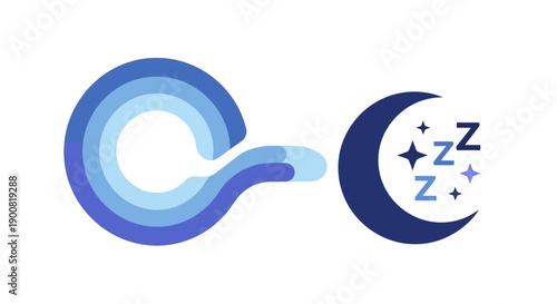 Sleep Mode and Audio Flow Icon: Abstract Blue Wave Transitioning to Crescent Moon, Stars, and Zzz Symbol for Relaxation and Nighttime Rest