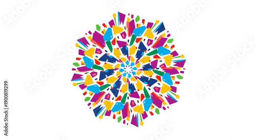 Vibrant Abstract Geometric Burst Vector. Colorful explosion pattern background featuring dynamic, fragmented CMYK shapes and radial symmetry.