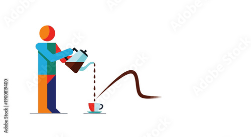 Abstract Vector Illustration of Person Pouring Coffee from Kettle into Cup. Colorful flat graphic design for beverage, break time, and morning concepts.