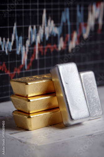 gold and silver bars with financial trend chart, precious metal investment concept with market graph, bullion wealth growth background with copy space