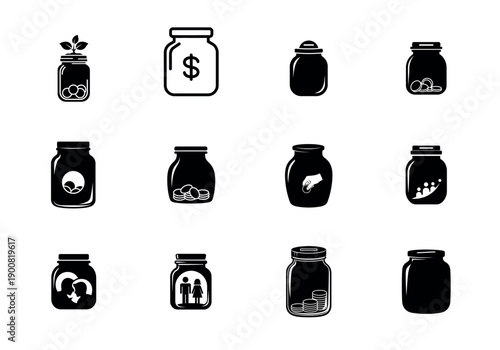 Savings jar icon set for financial planning and budgetingSavings jar icon set for financial planning and budgeting