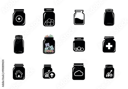 Savings jar icon set for financial planning and money savings