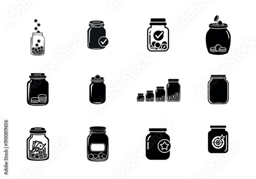 Savings jar icon set for financial planning and budgeting