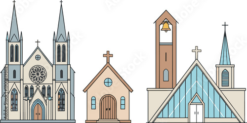 Religious architecture icon set with Gothic cathedral traditional chapel and modern glass church for historical travel design vector.